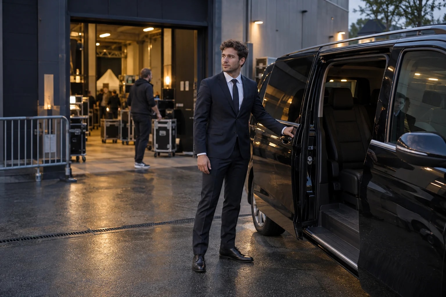 Discrete chauffeur wacht bij een backstage-ingang