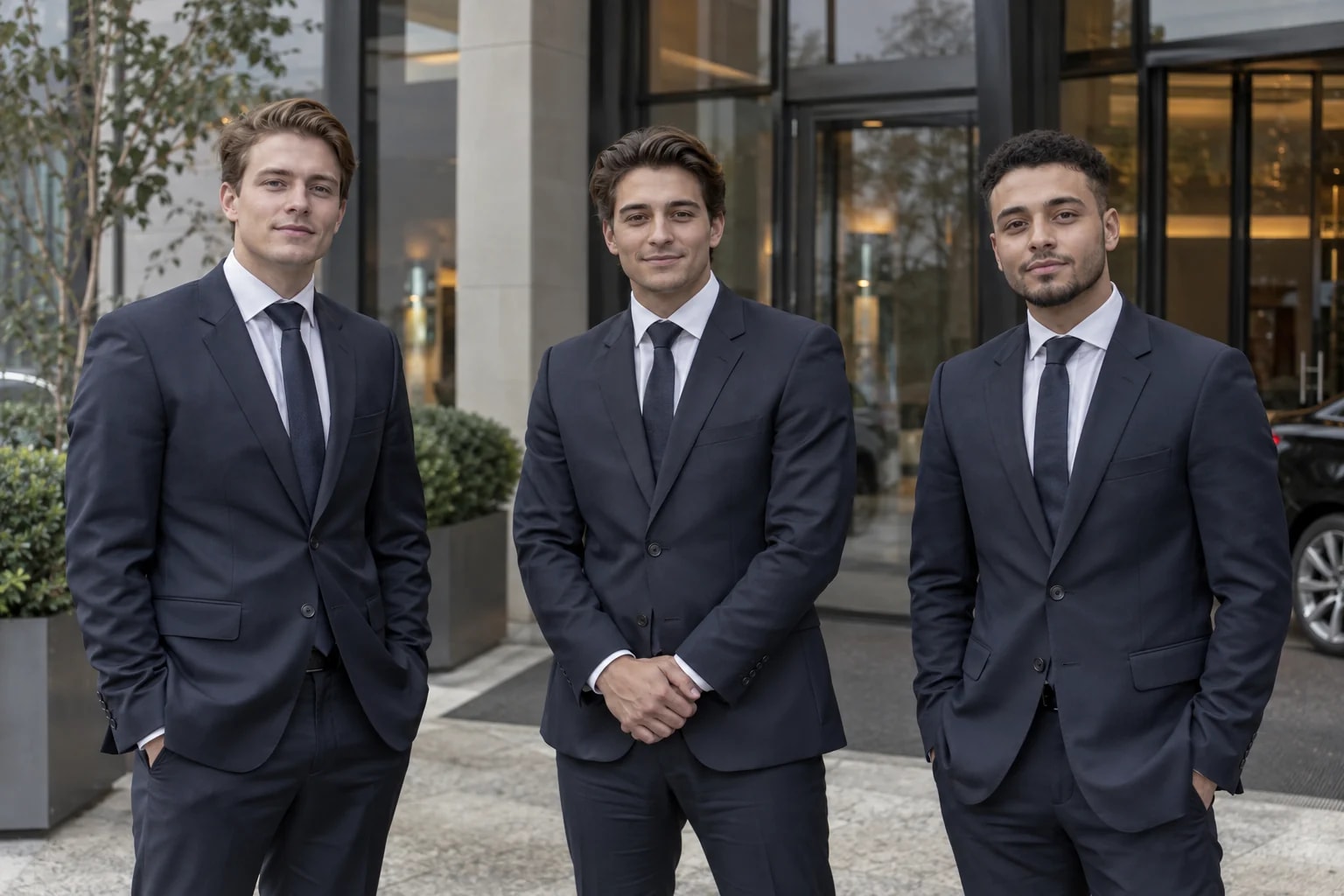Drie jonge professionele chauffeurs in donker kostuum